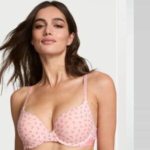 Victoria's Secret T Shirt Perfect Shape Cotton Logo Push-Up Bra Floral Pink 38DD